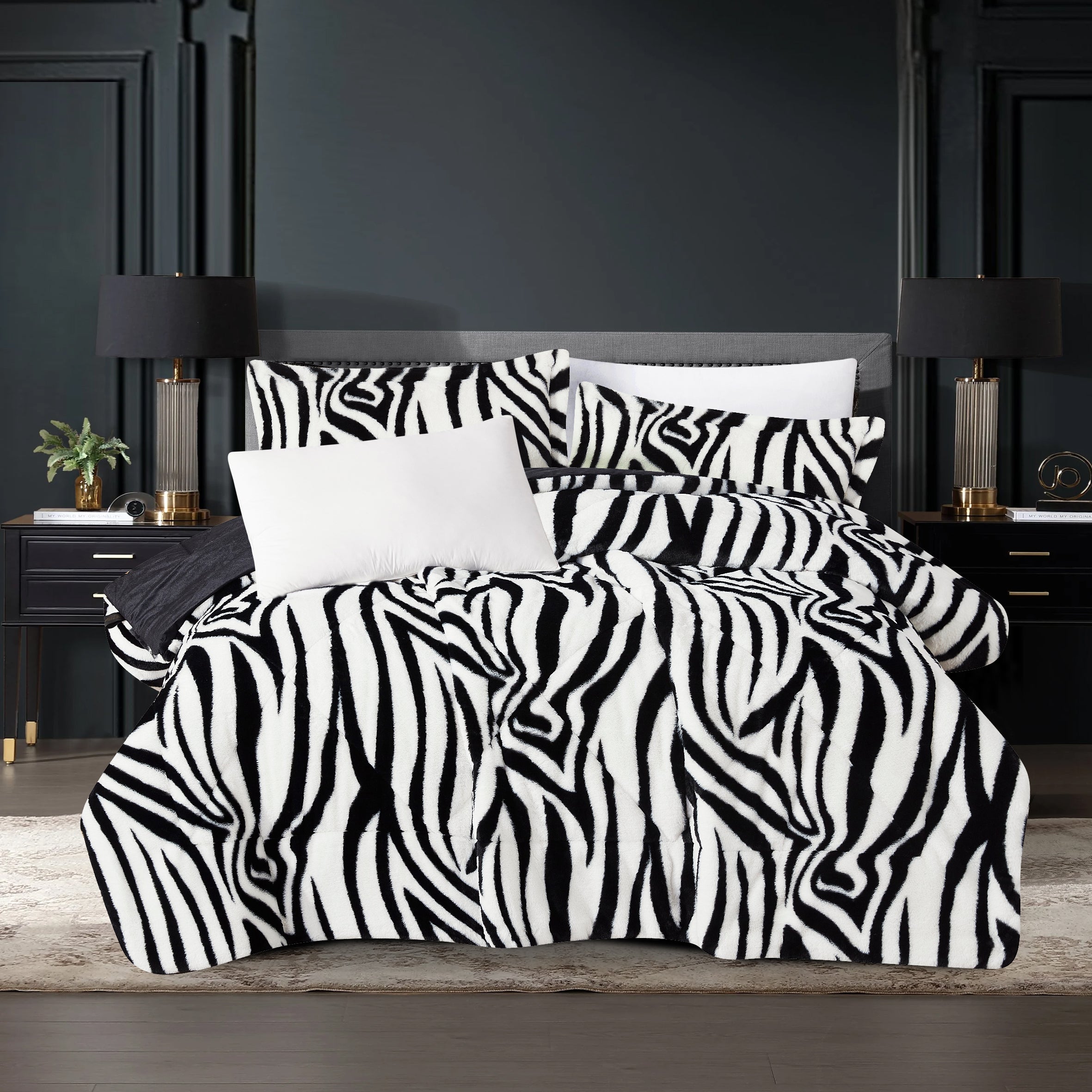 3 Pieces Faux Fur Comforter Set - Zebra Pattern