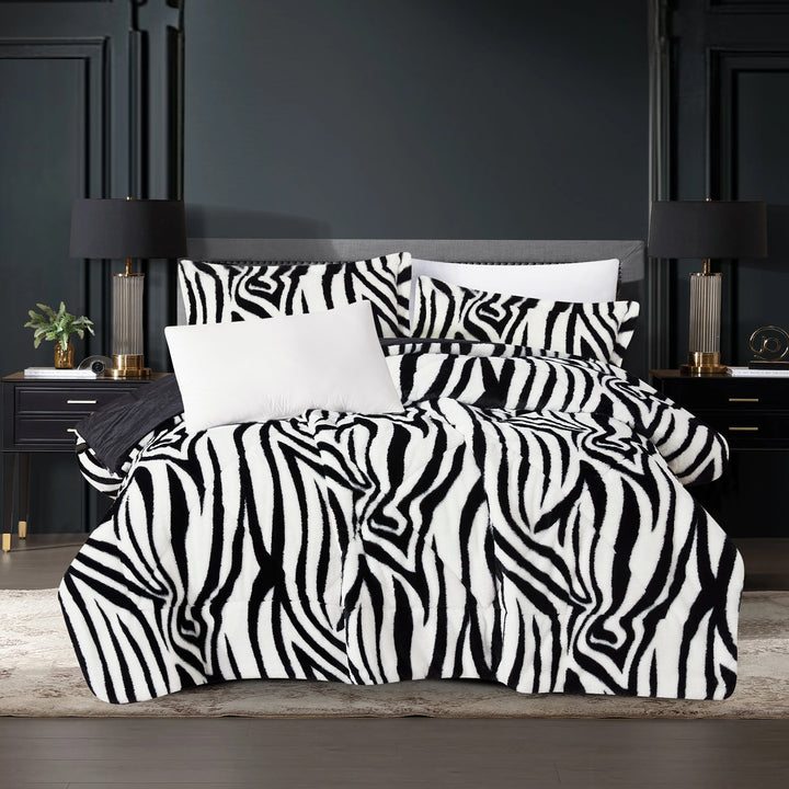 3 Pieces Faux Fur Comforter Set - Zebra Pattern