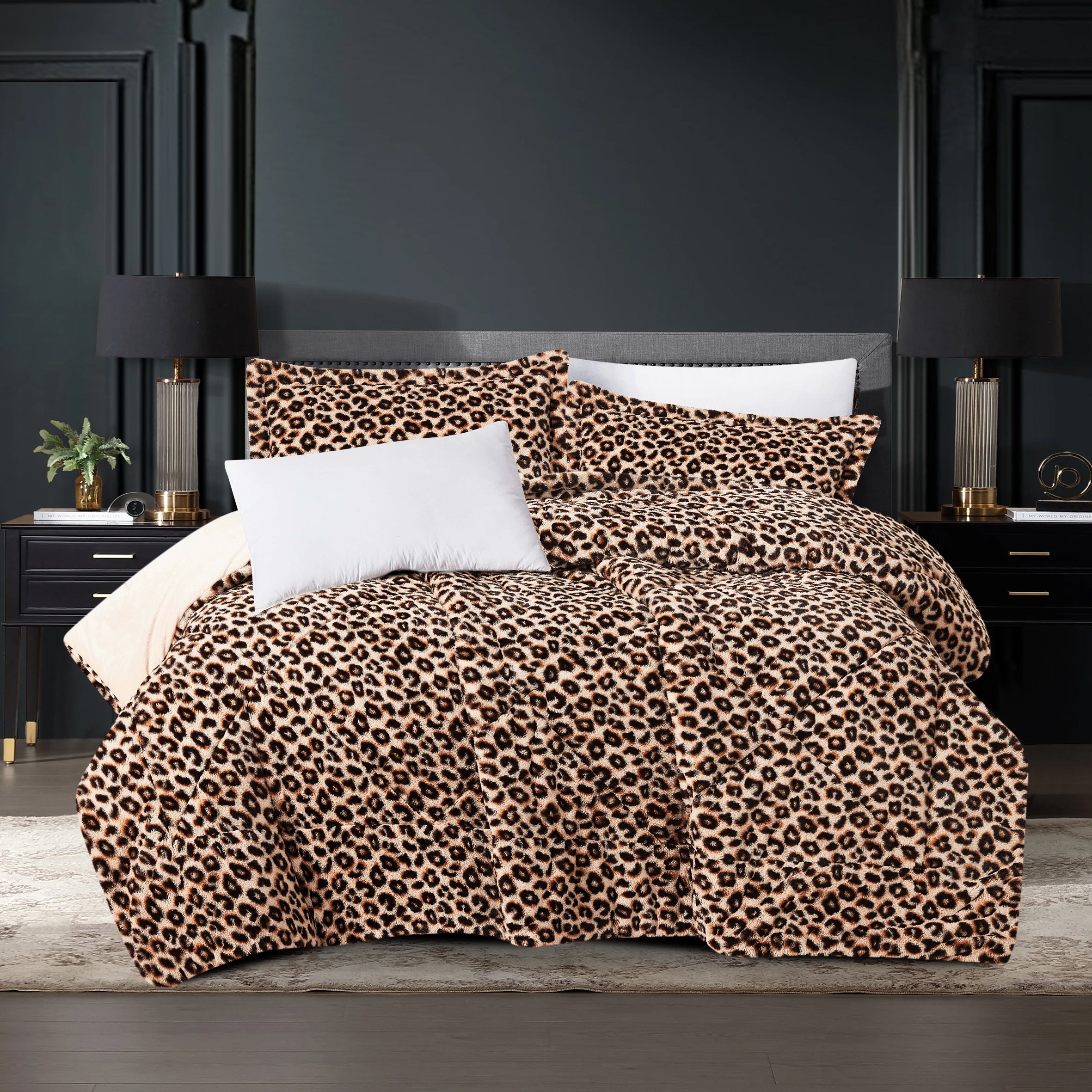 3 Pieces Faux Fur Comforter Set - Leopard Pattern