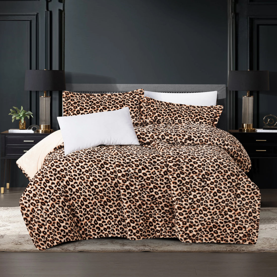 3 Pieces Faux Fur Comforter Set - Leopard Pattern
