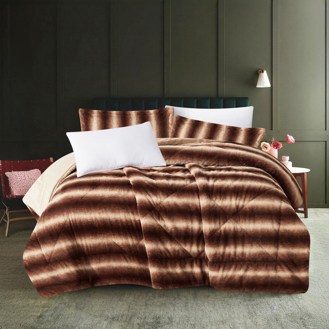 3 Pieces Faux Fur Comforter Set - Brown Stripe
