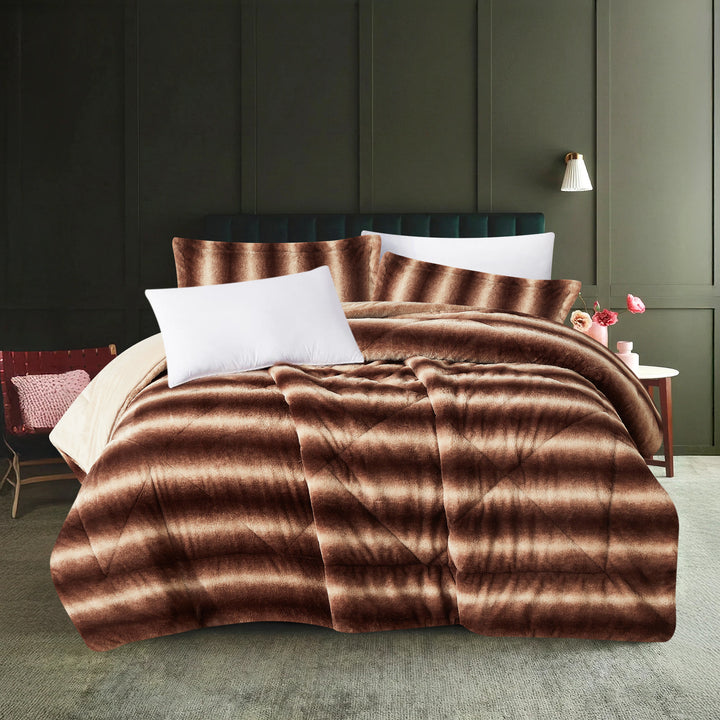 3 Pieces Faux Fur Comforter Set - Brown Stripe