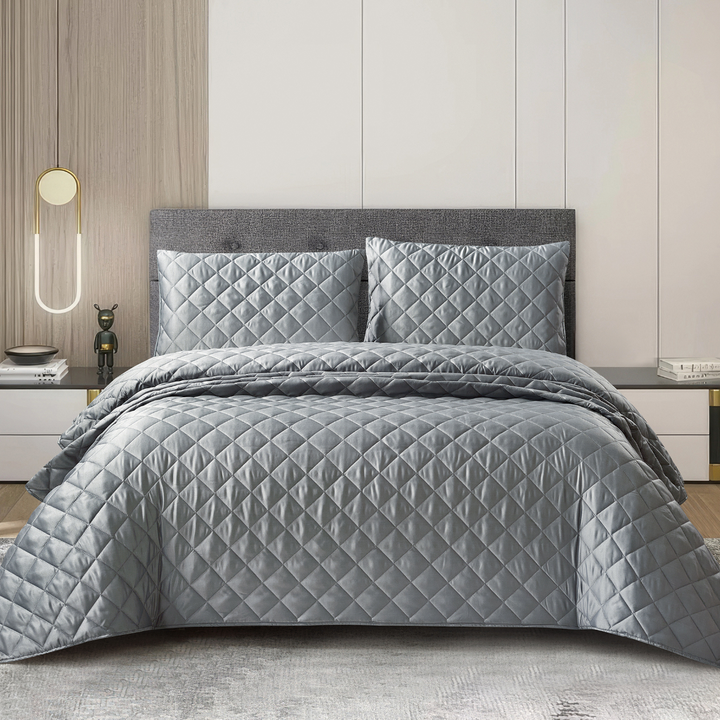 3 Piece Silk Bedspread Set - Silver