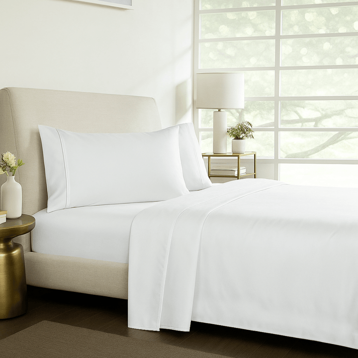 1000TC pure soft cotton sheet set styled on a bed in a bright bedroom