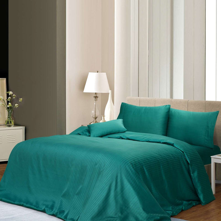 1000TC 3-piece teal cotton rich pin stripe quilt cover set arranged on a queen bed