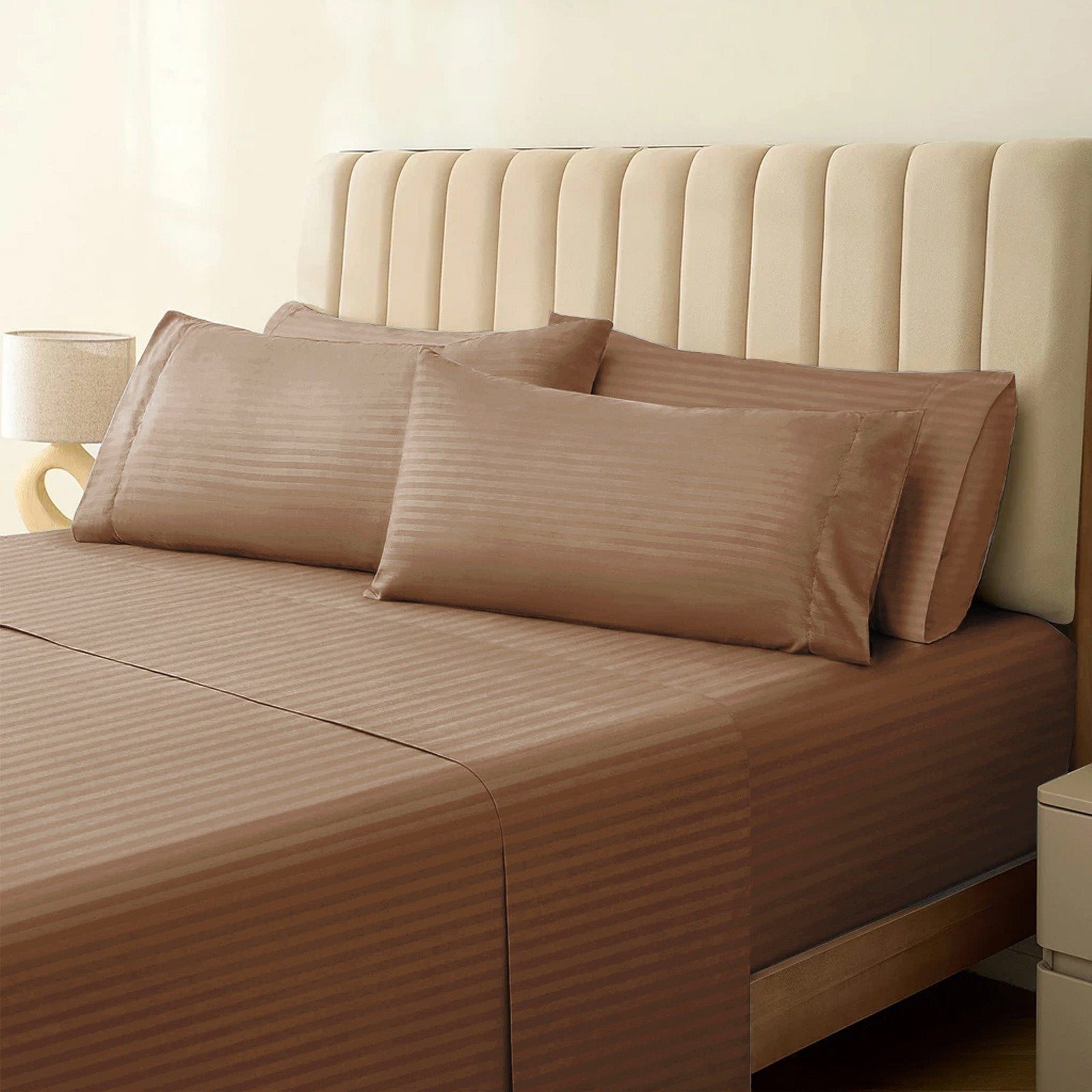 1500TC cotton rich brown striped sheet set fitted on a neatly made bed with matching pillows