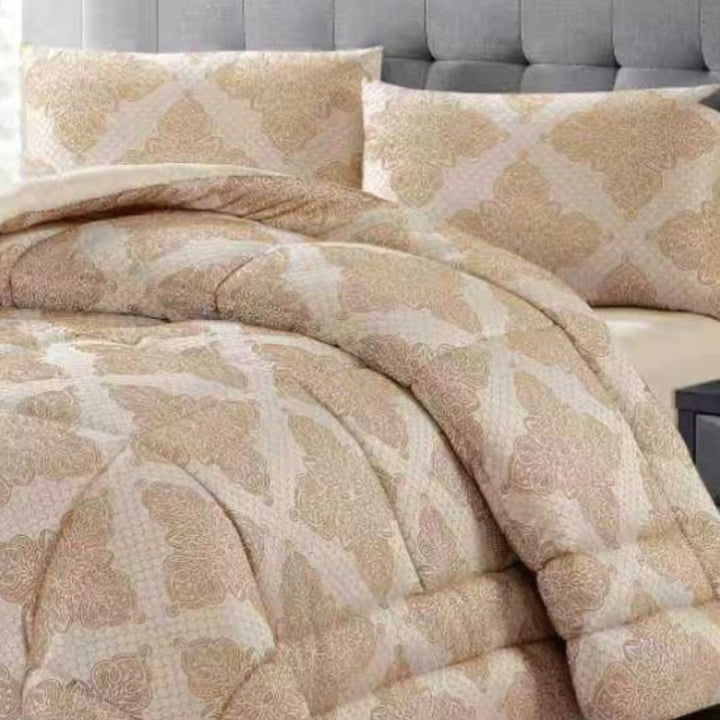 Full view of light brown quilted jacquard comforter with matching pillows in a modern bedroom.