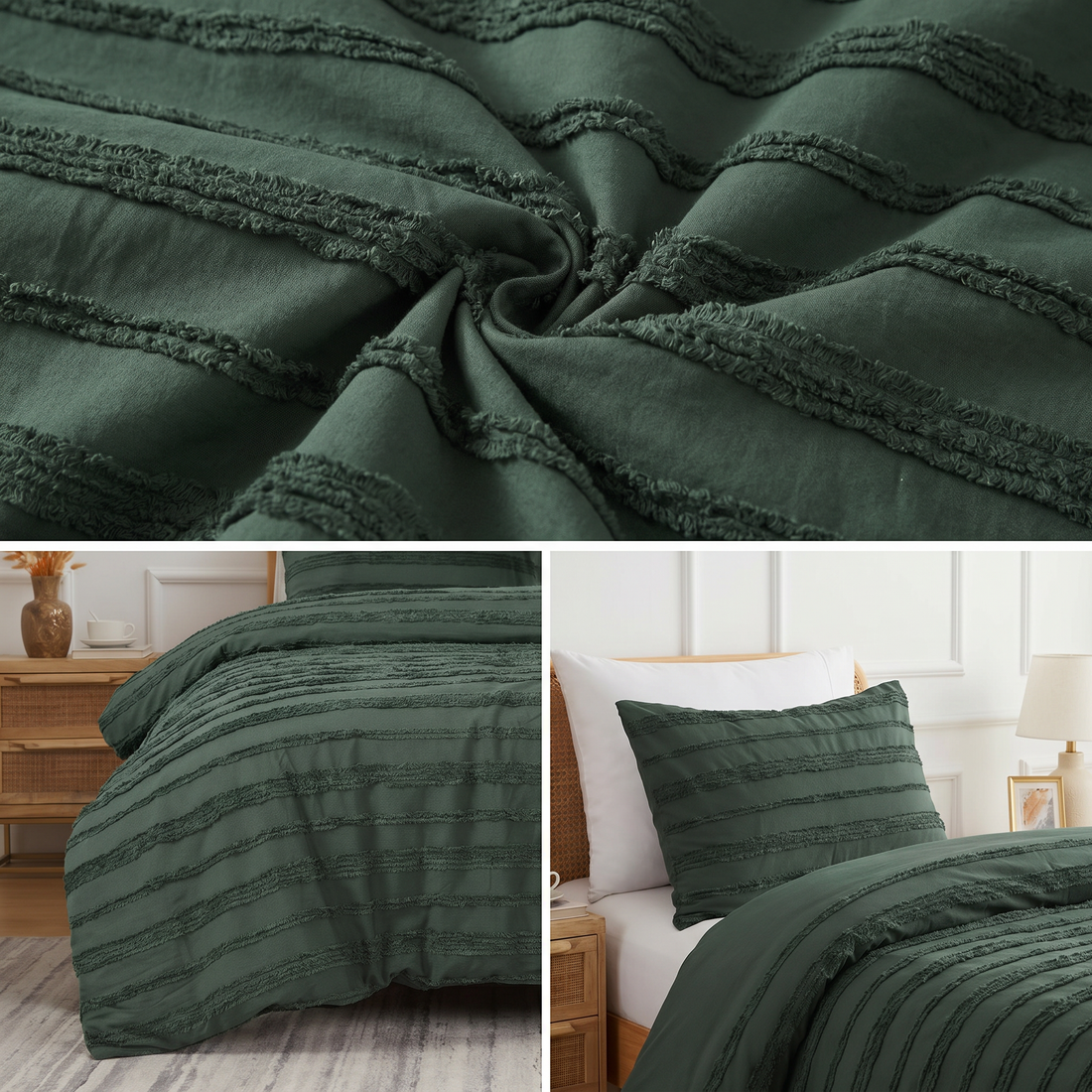 Olive green tufted bedding set displayed in a stylish bedroom.