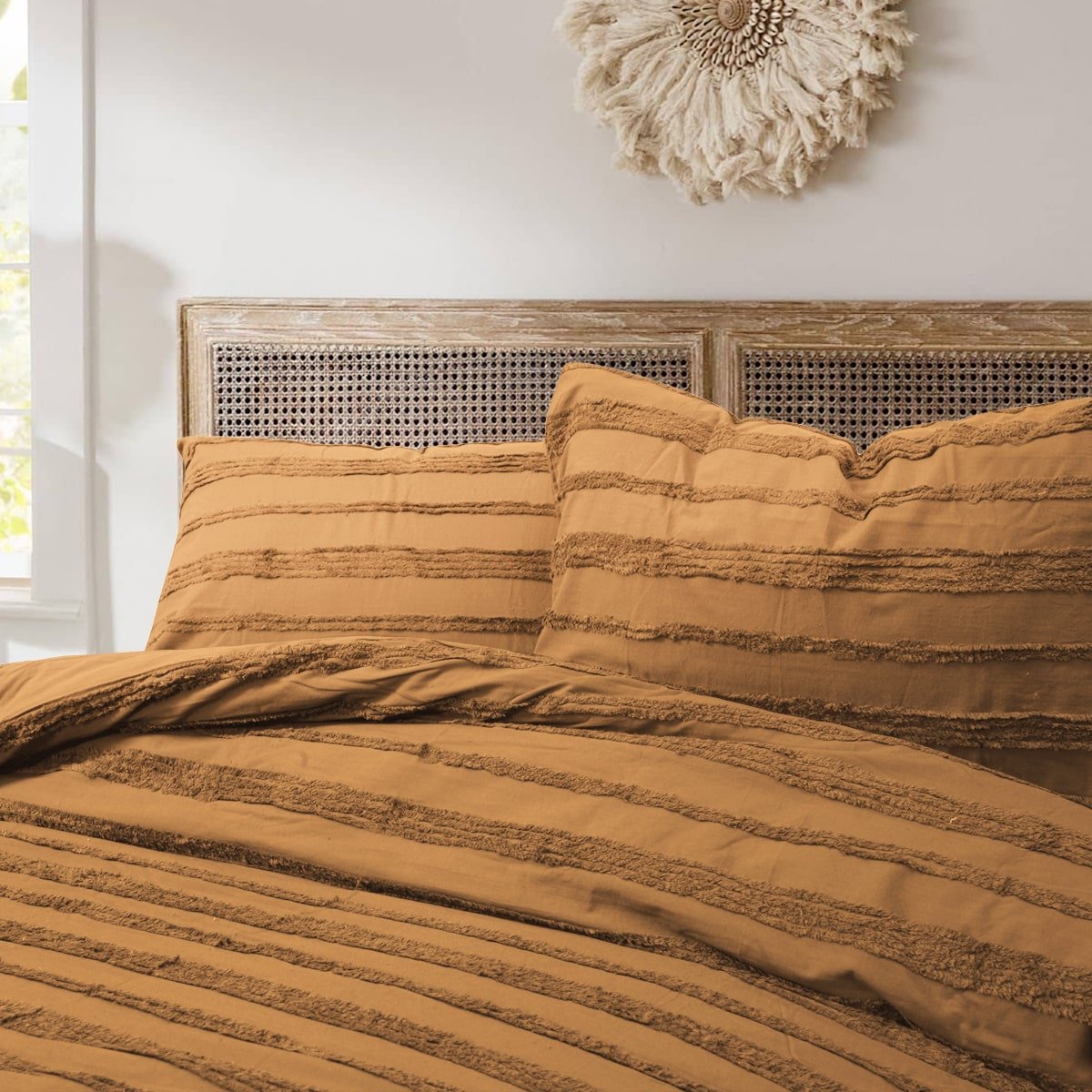 Textured camel quilt cover with matching pillowcases.