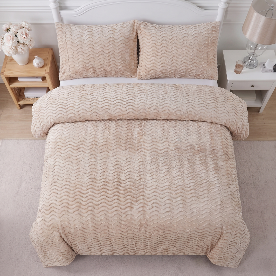 Light peach tufted bedding set displayed in a stylish bedroom.