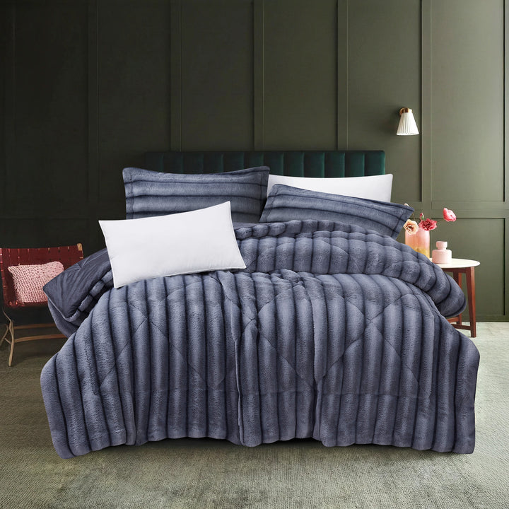 3-piece dark grey hexa pattern faux fur comforter set styled on a modern bed frame with matching pillowcases