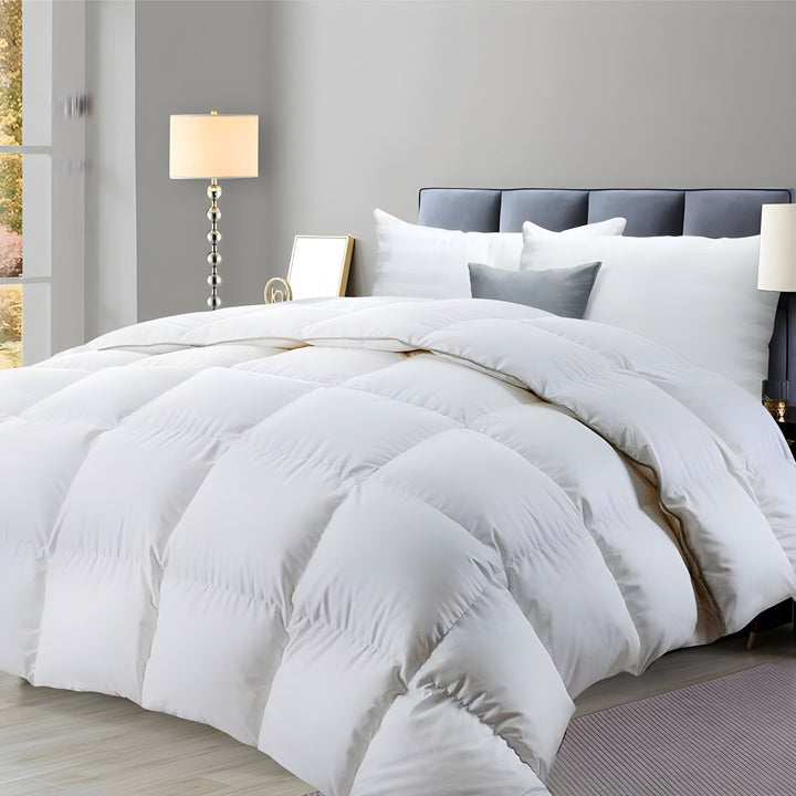 Premium Australian wool rich 400GSM quilt styled on a luxurious modern bed.