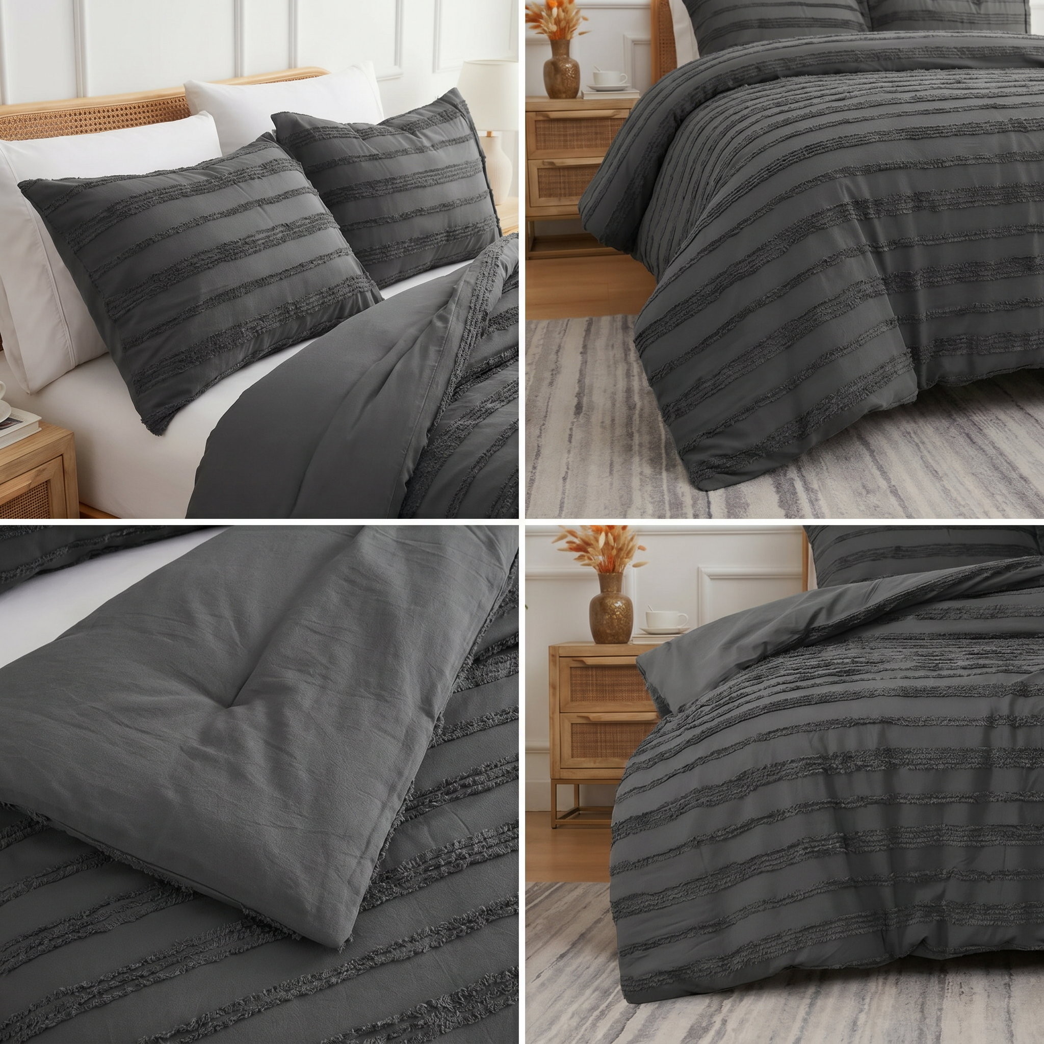Black textured quilt cover set with matching pillowcases on a modern bed.