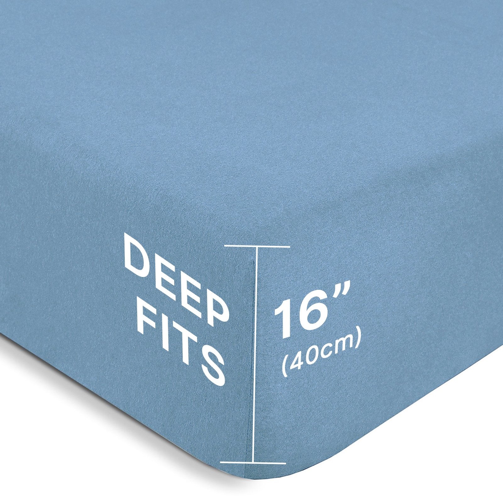 Overhead view of two matching blue bamboo pillows resting smoothly on a fitted bed sheet