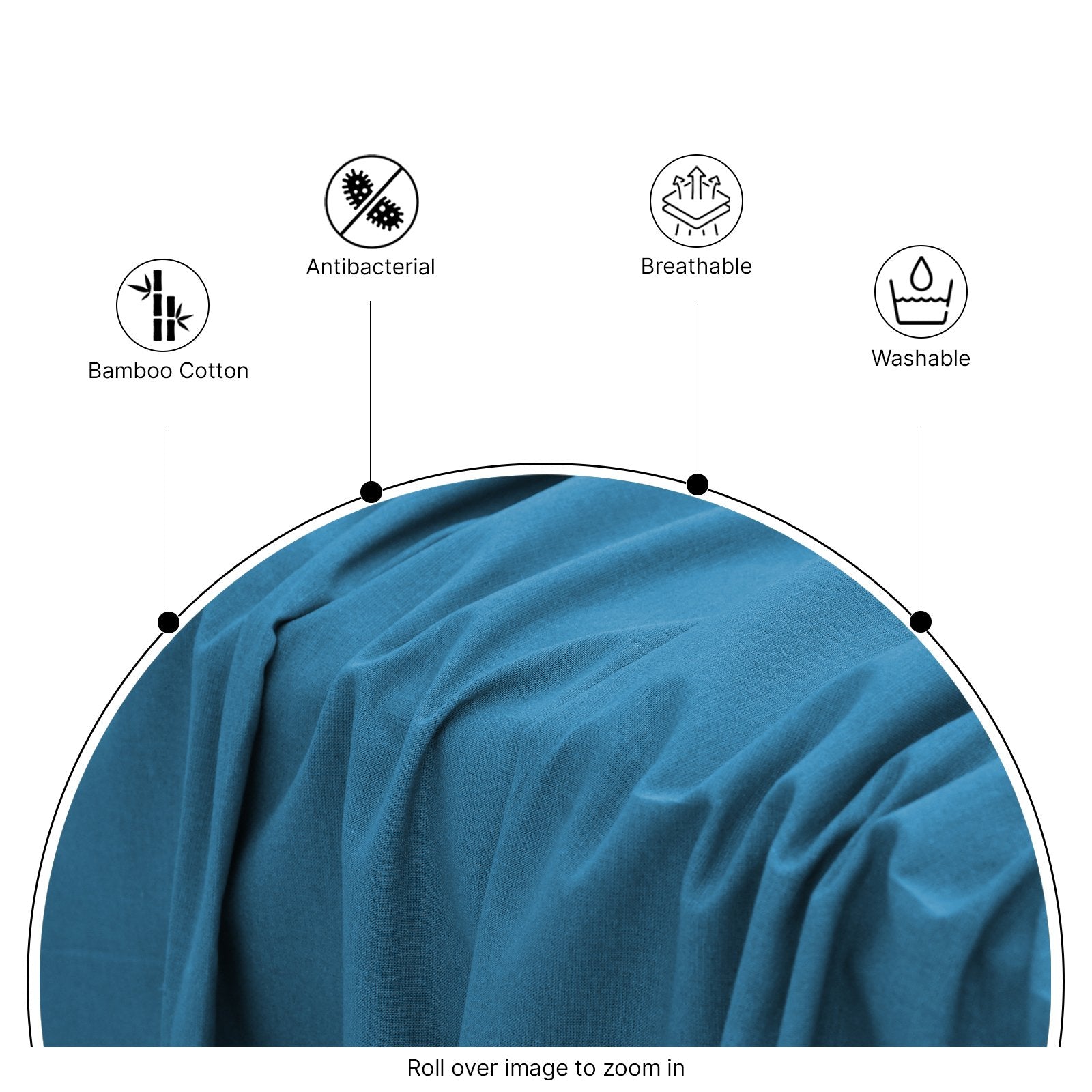 Side perspective of smooth blue bamboo bed sheets showing tailored hems and fine seam stitching