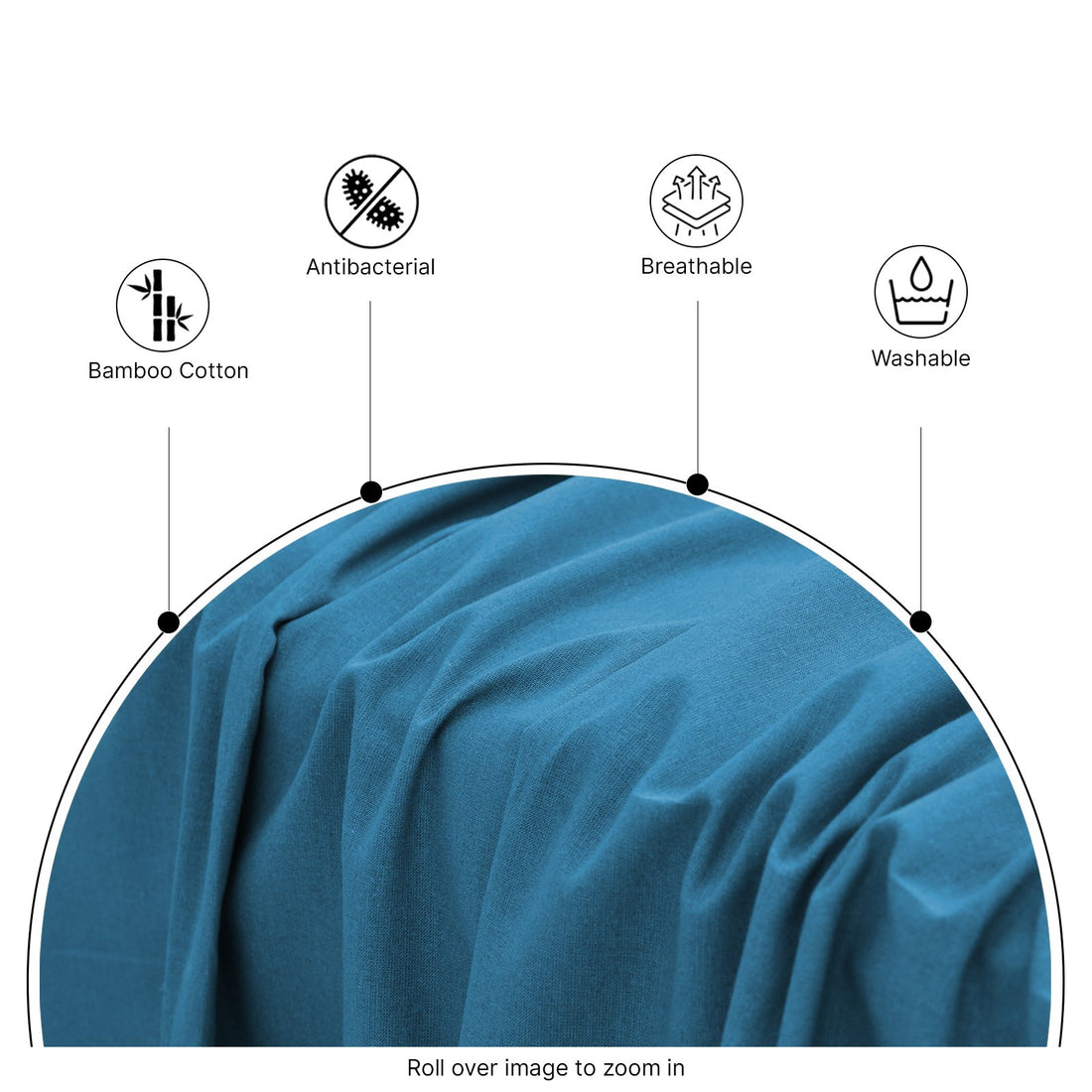 Side perspective of smooth blue bamboo bed sheets showing tailored hems and fine seam stitching