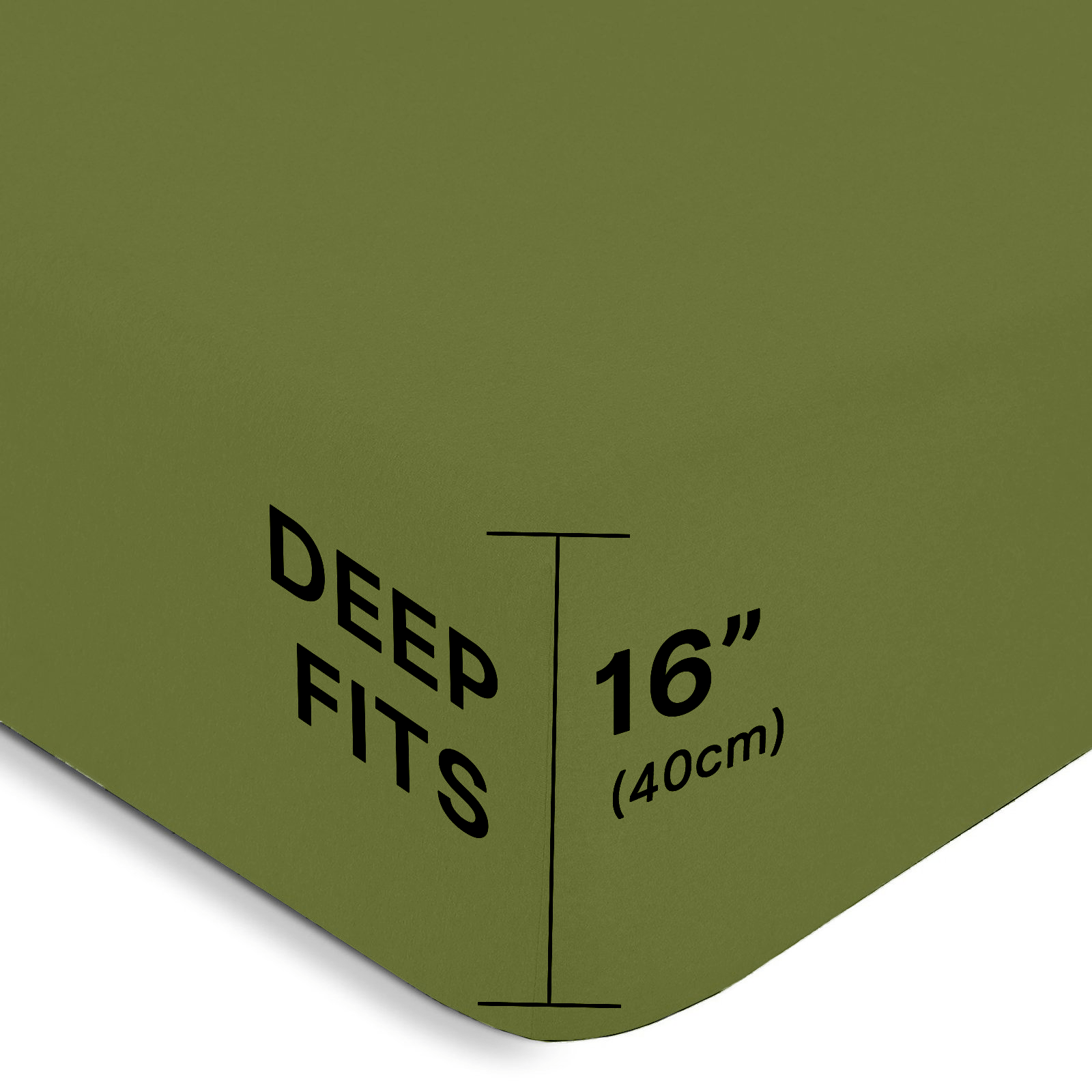 Full modern bedroom setting featuring a low-profile platform bed styled with deep olive green bamboo sheets