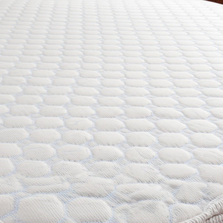 Close-up view of the quilted, honeycomb textured surface of a white waterproof mattress protector