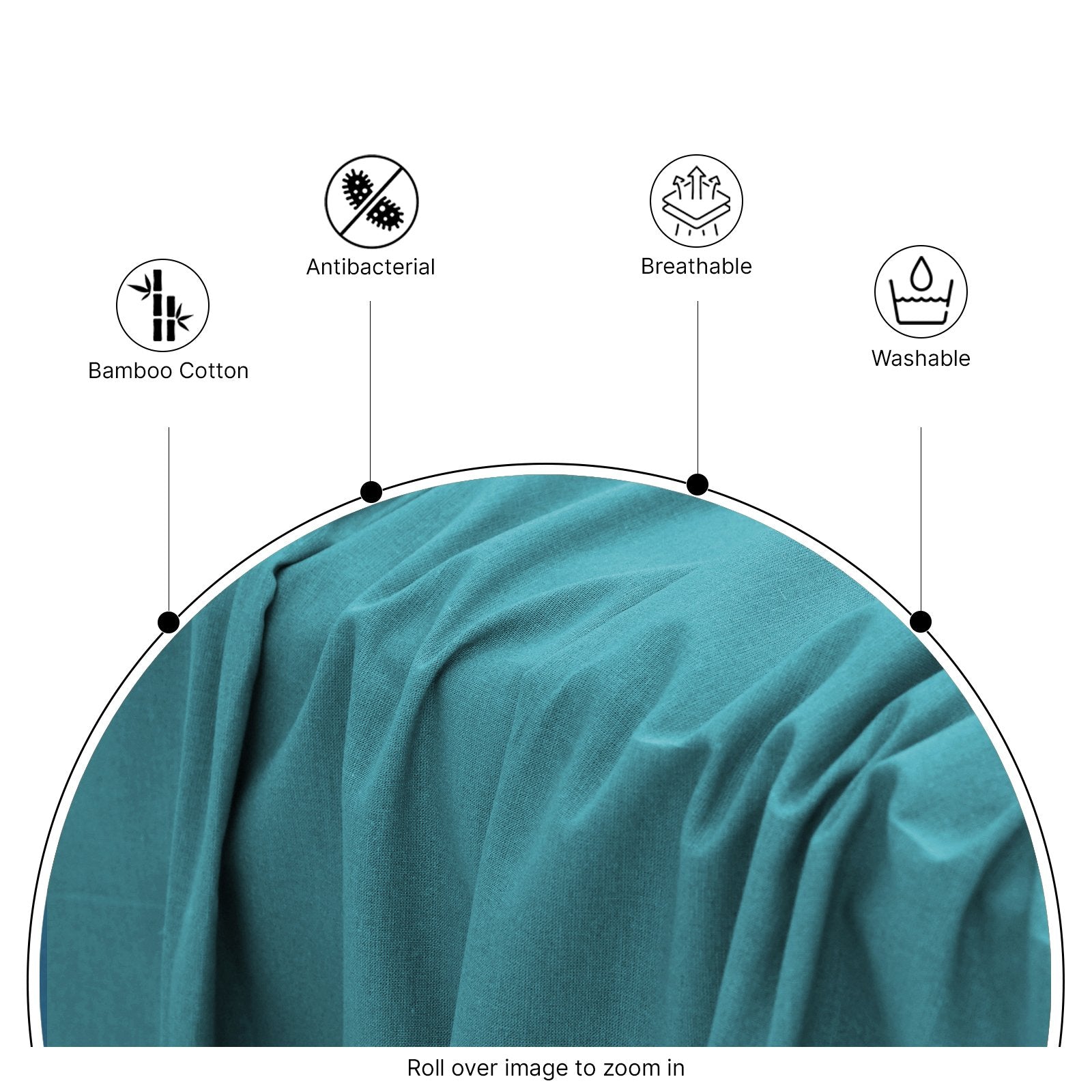 Full bedroom layout showing a contemporary low-profile bed dressed in rich teal bamboo sheets and pillows