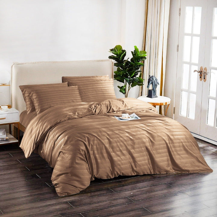 Brown 6-piece cotton quilt cover set styled on a modern bedroom bed.