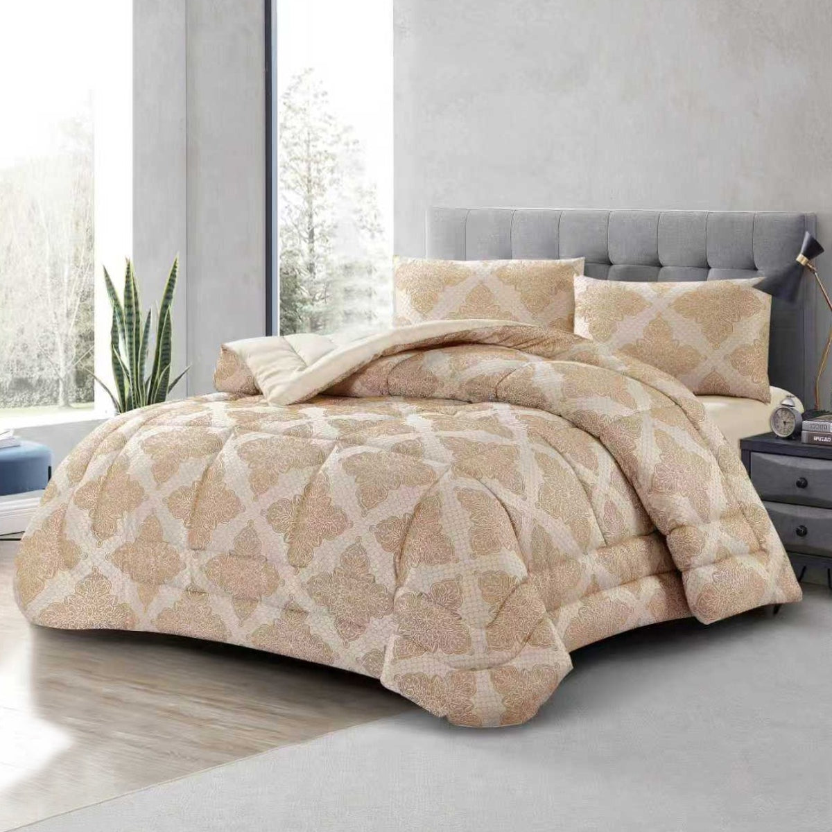 3-piece brown jacquard comforter set with beige geometric lattice pattern on a bed