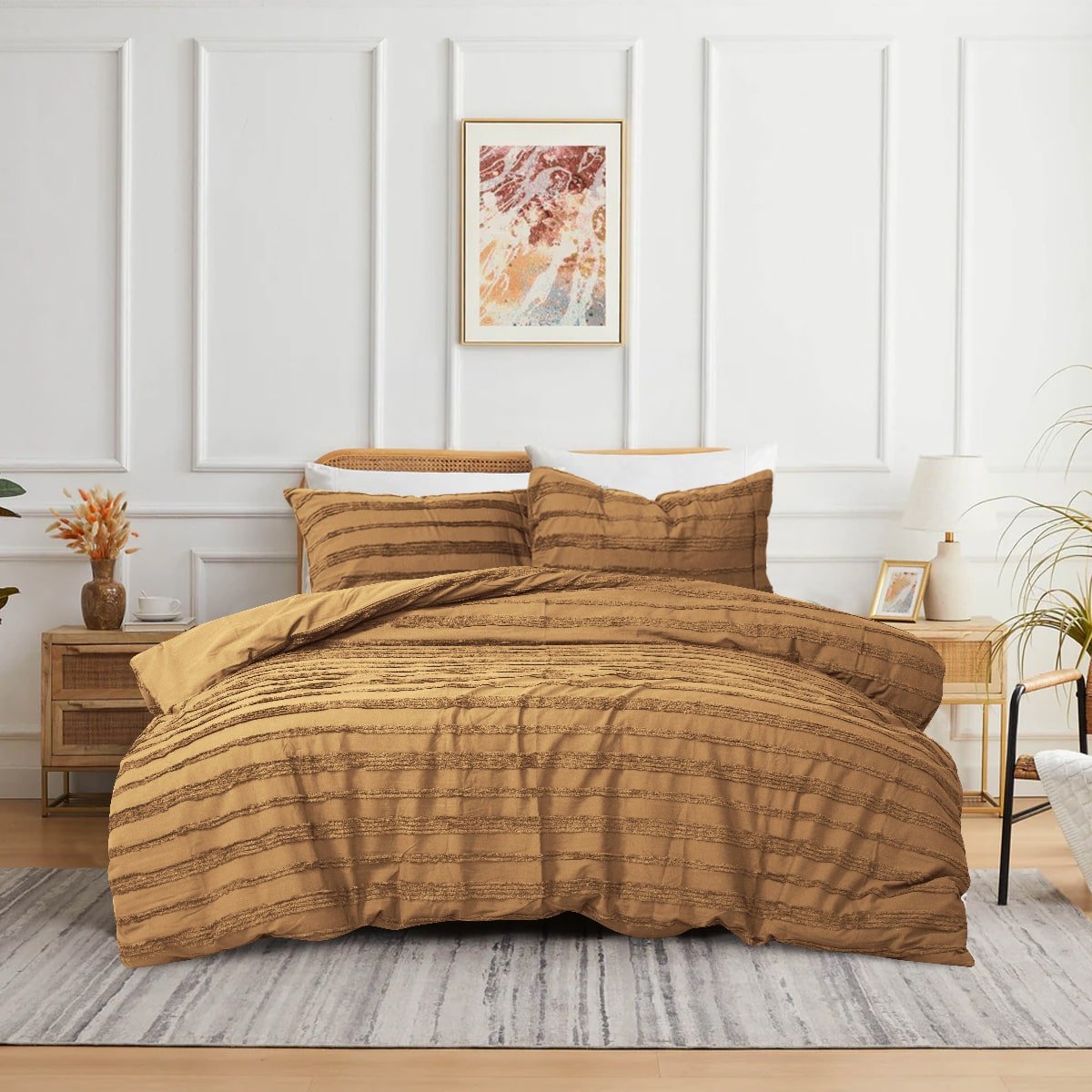 Camel 3-piece tufted quilt cover set displayed on a modern bed.
