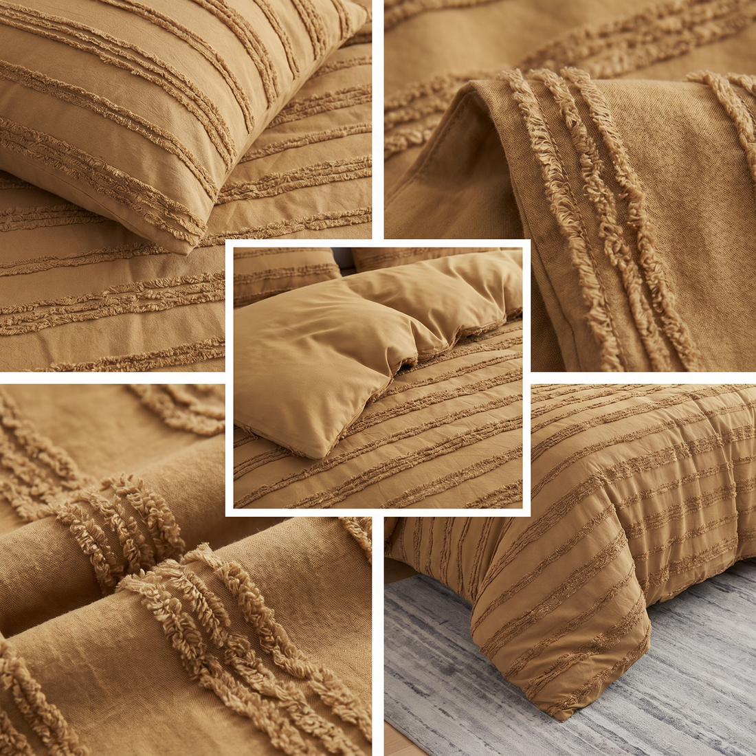 Camel textured quilt cover set with matching pillowcases and a stylish tufted design.