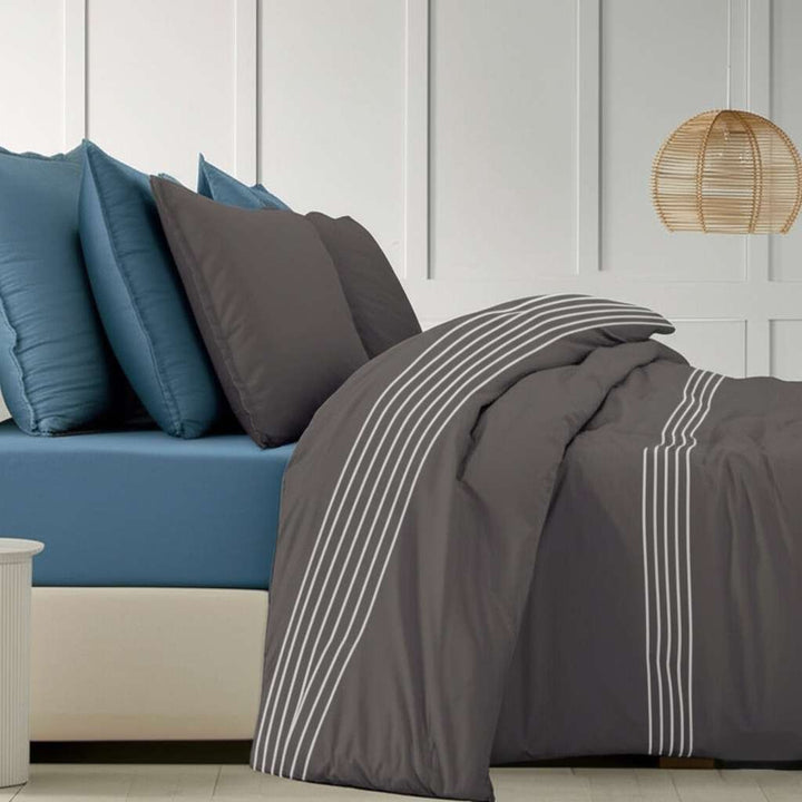 Dark grey bedding featuring a stylish striped embroidered border.