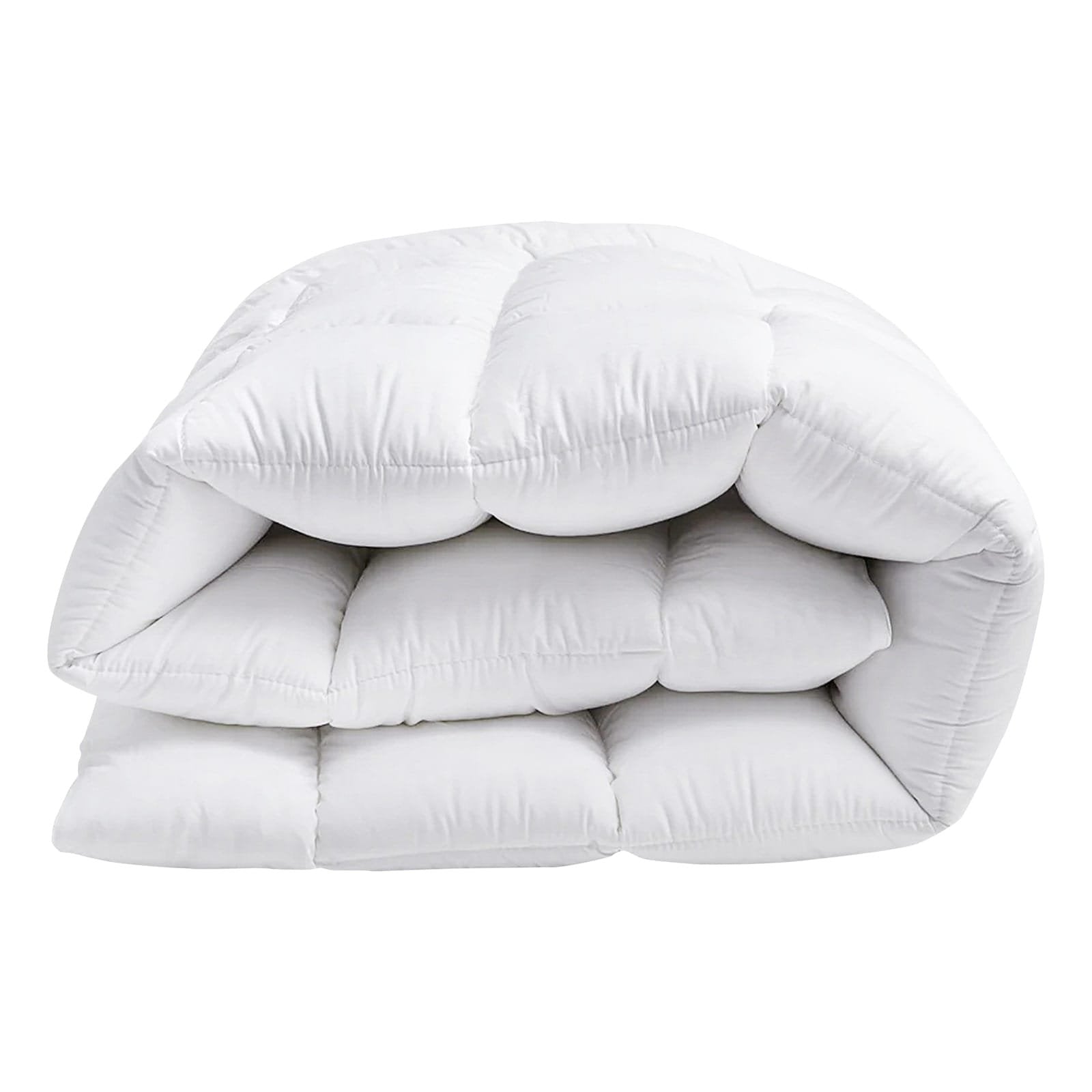 Close-up perspective of the fluffy, deep baffle-box cushioning and blue piping on a white mattress topper.