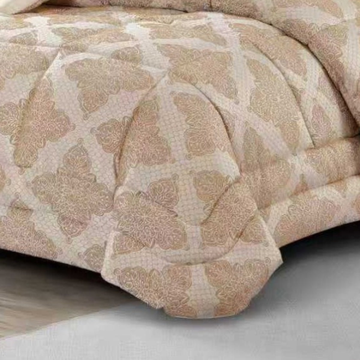 Close-up of brown textured jacquard fabric detailing the woven pattern and quilted stitching