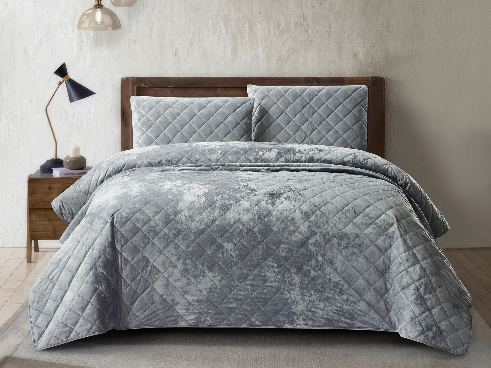Grey crushed velvet bedspread set featuring a luxurious diamond quilted pattern.