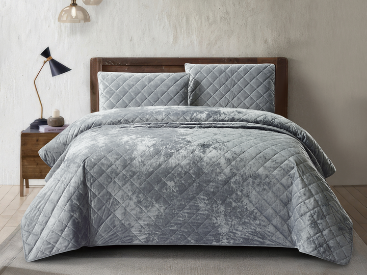 Grey crushed velvet bedspread set featuring a luxurious diamond quilted pattern.