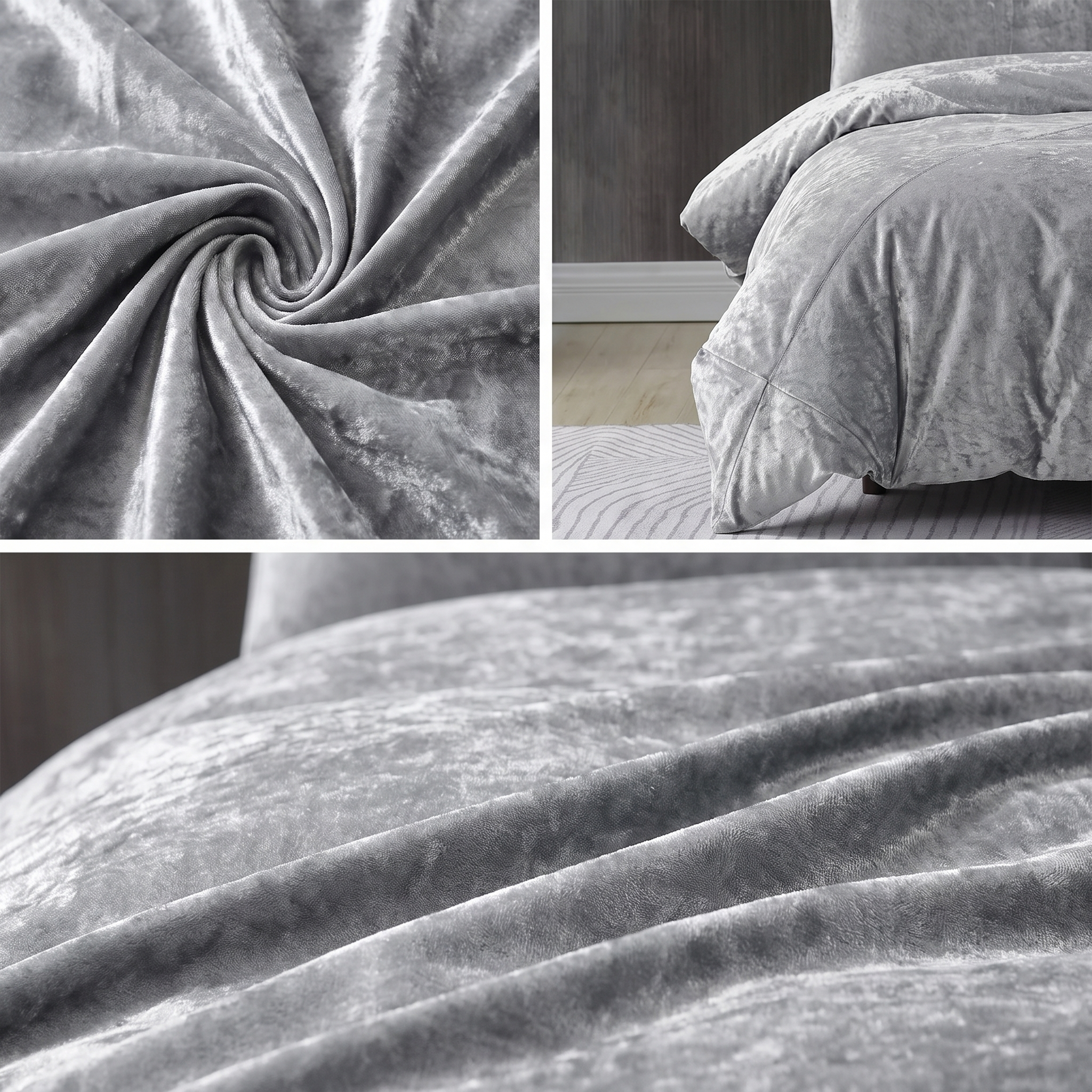 Grey luxury velvet quilt cover with matching pillows and a soft, plush texture.