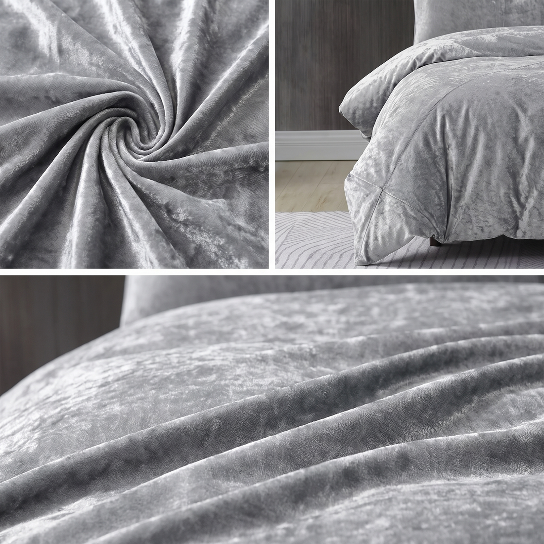 Grey luxury velvet quilt cover with matching pillows and a soft, plush texture.