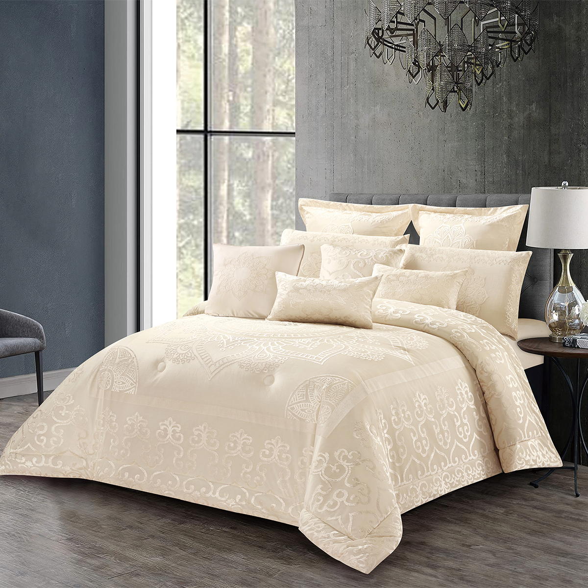 Light beige damask bedding gift set featuring intricate floral patterns and matching decorative pillows on a luxury bed