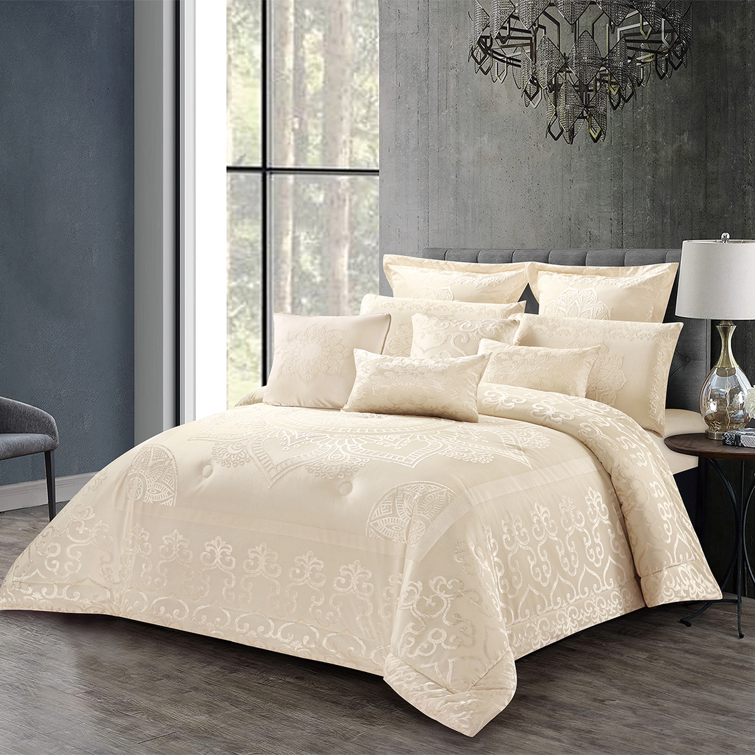 Light beige damask bedding gift set featuring intricate floral patterns and matching decorative pillows on a luxury bed