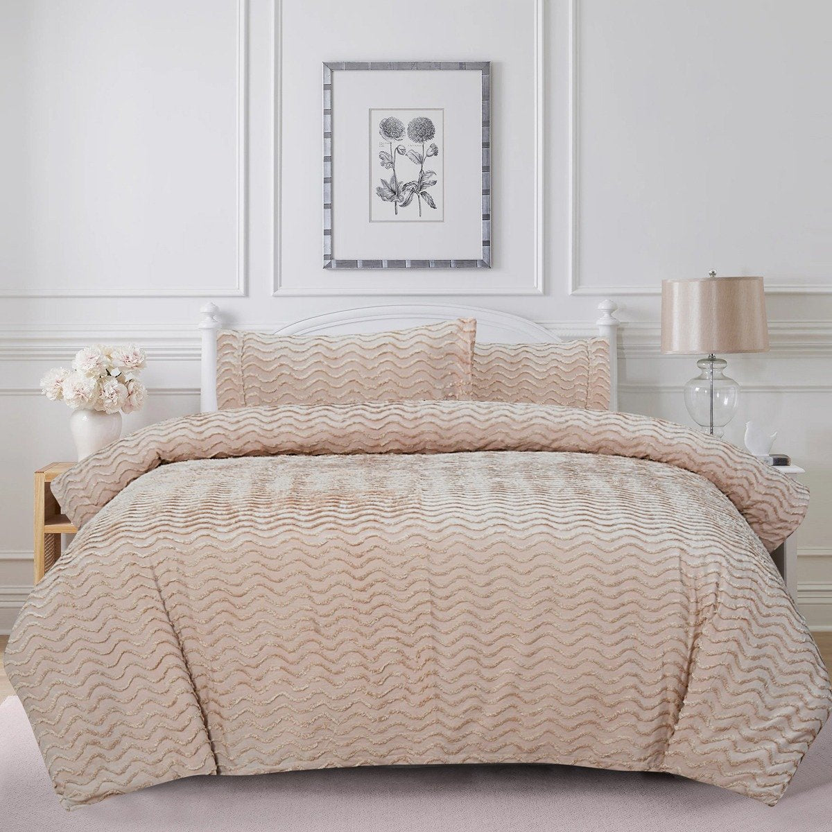Light peach 3-piece tufted quilt cover set on a modern bed.