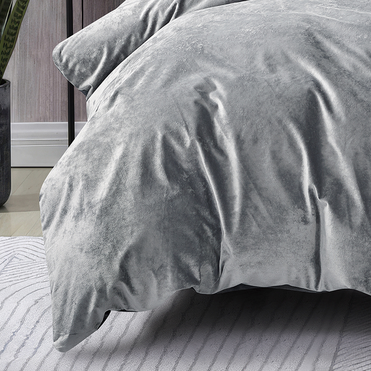 Grey velvet quilt cover set featuring a soft, elegant texture.