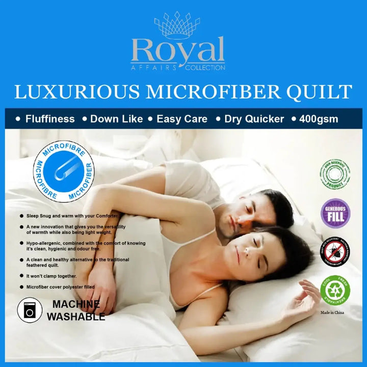Luxury white microfiber comforter featuring a soft and fluffy design.