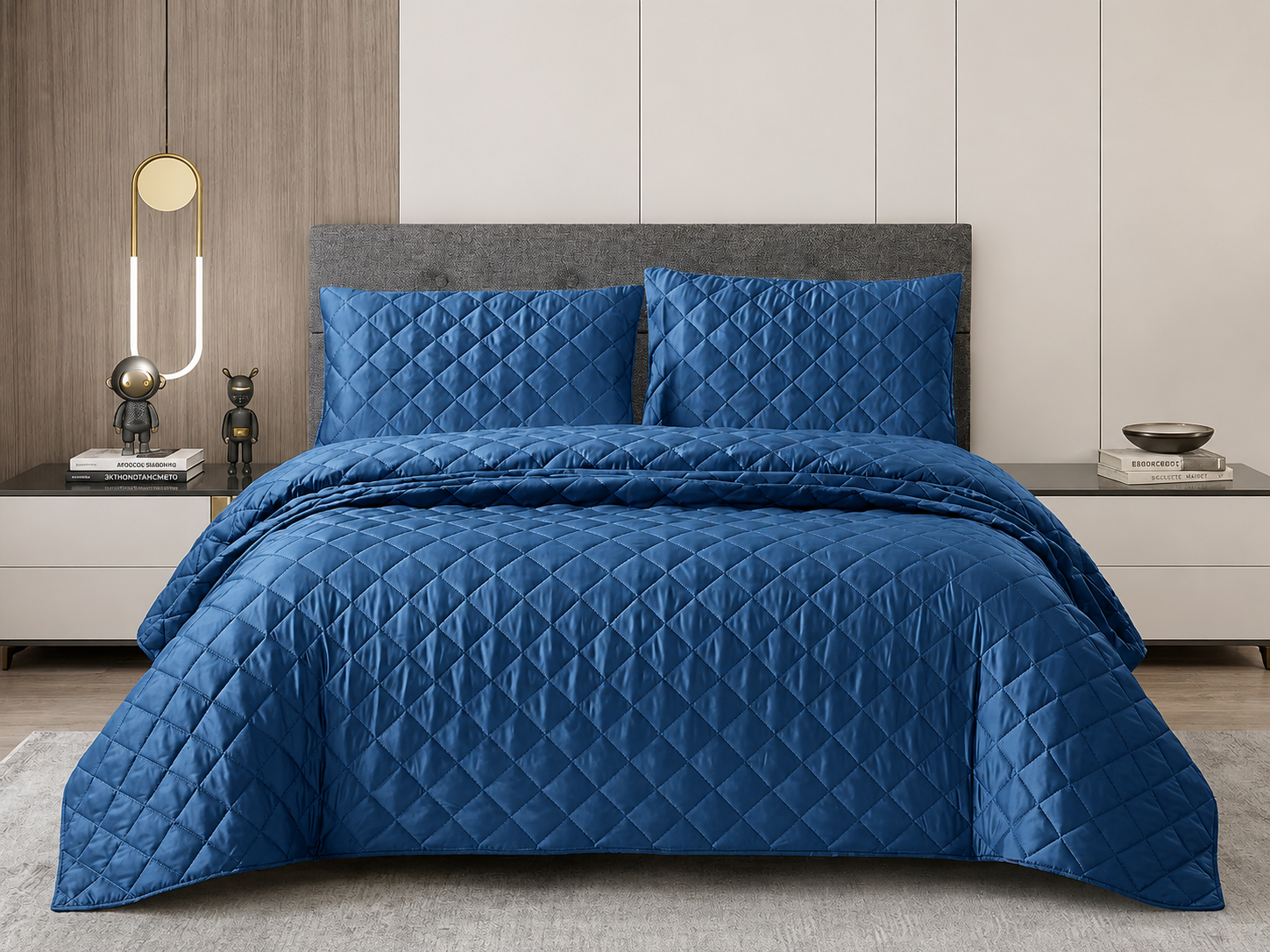 Navy blue silk bedspread set featuring a diamond quilted pattern and matching pillows on a modern bed.