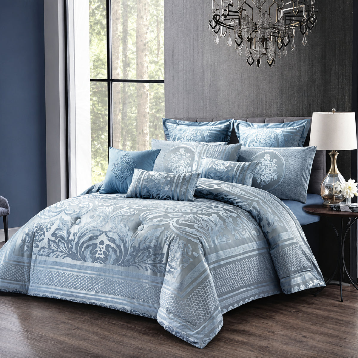 10 Pcs Luxury Bedding Gift Set – Teal Blue Damask