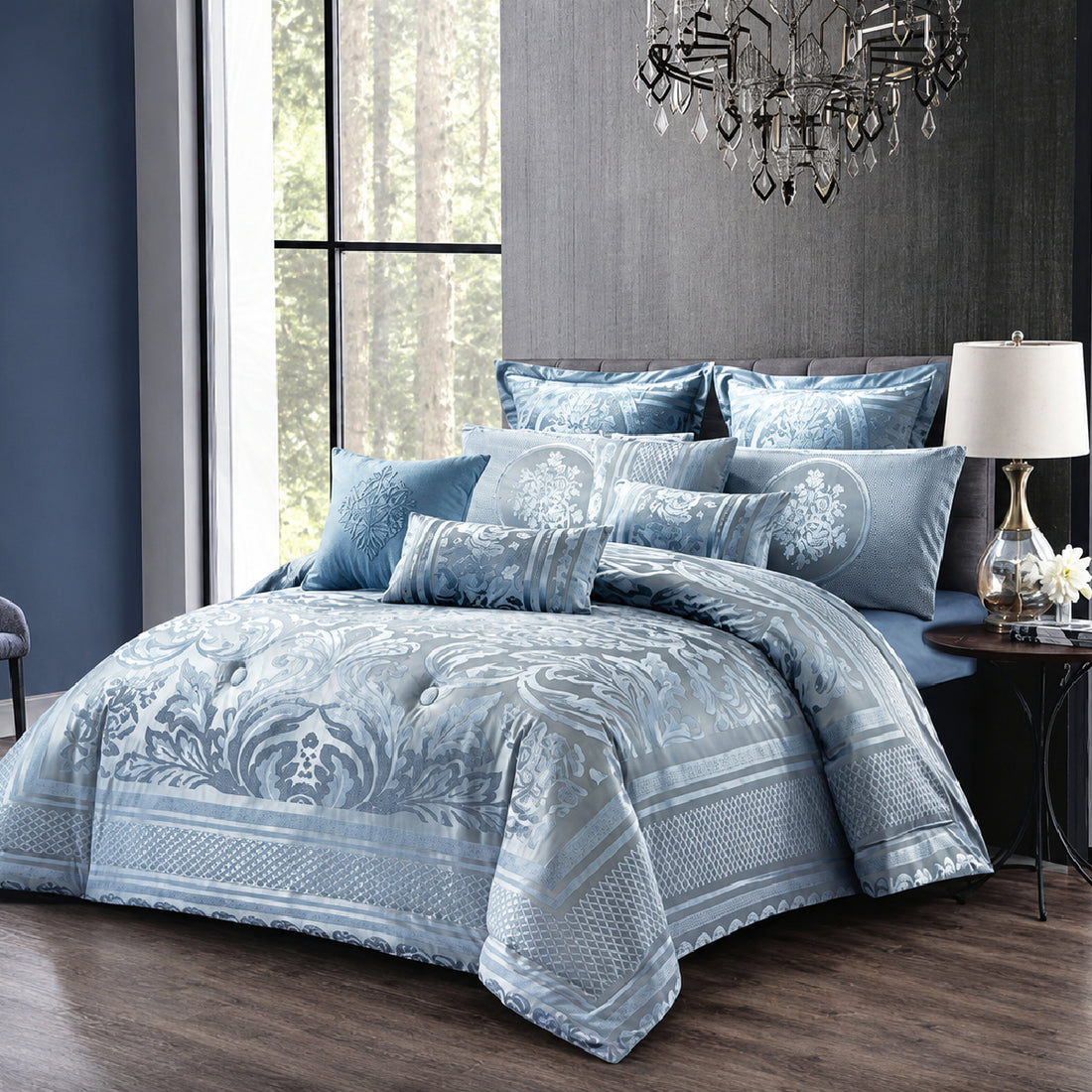 10 Pcs Luxury Bedding Gift Set – Teal Blue Damask