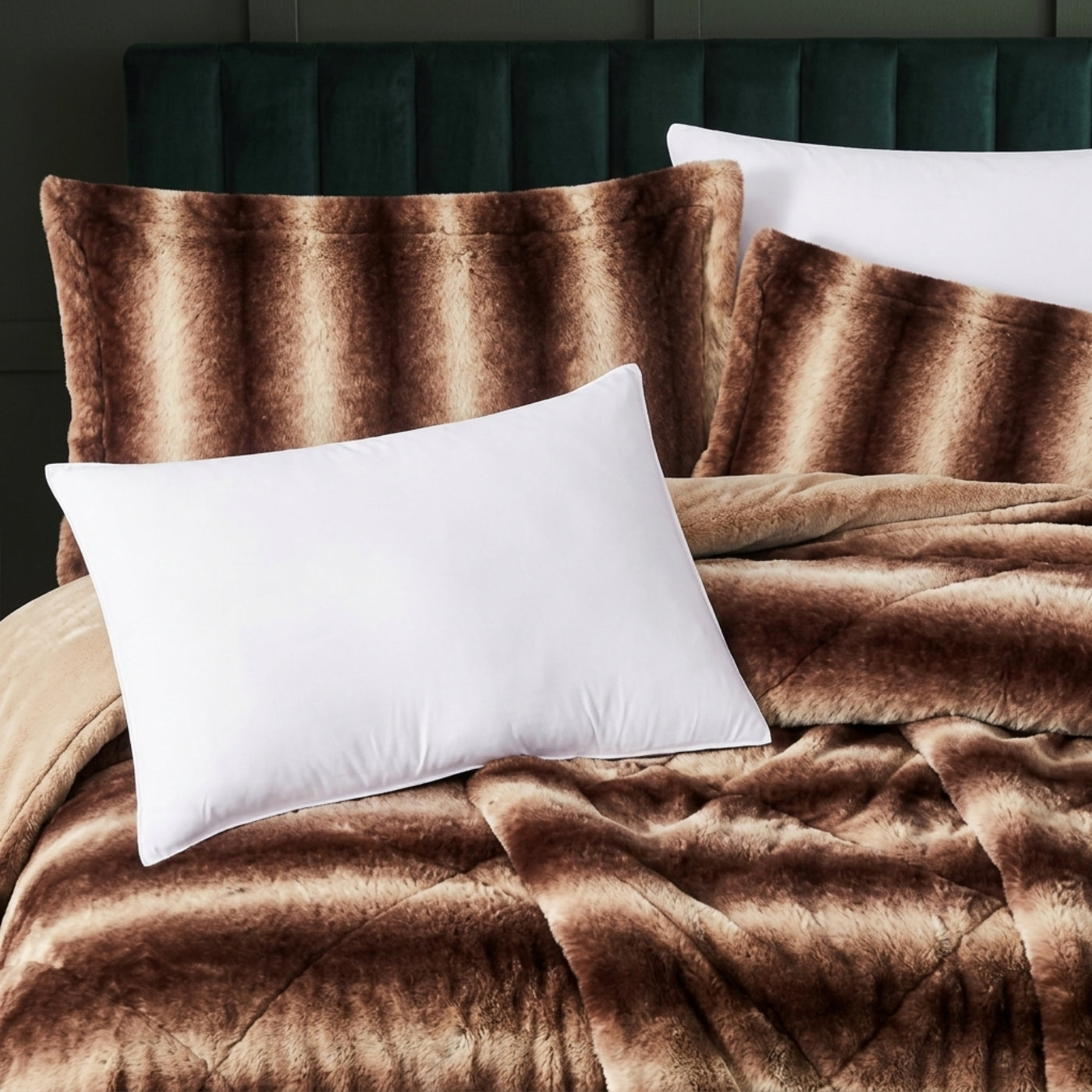 3 Piece Faux Fur Comforter Set - Brown Stripe