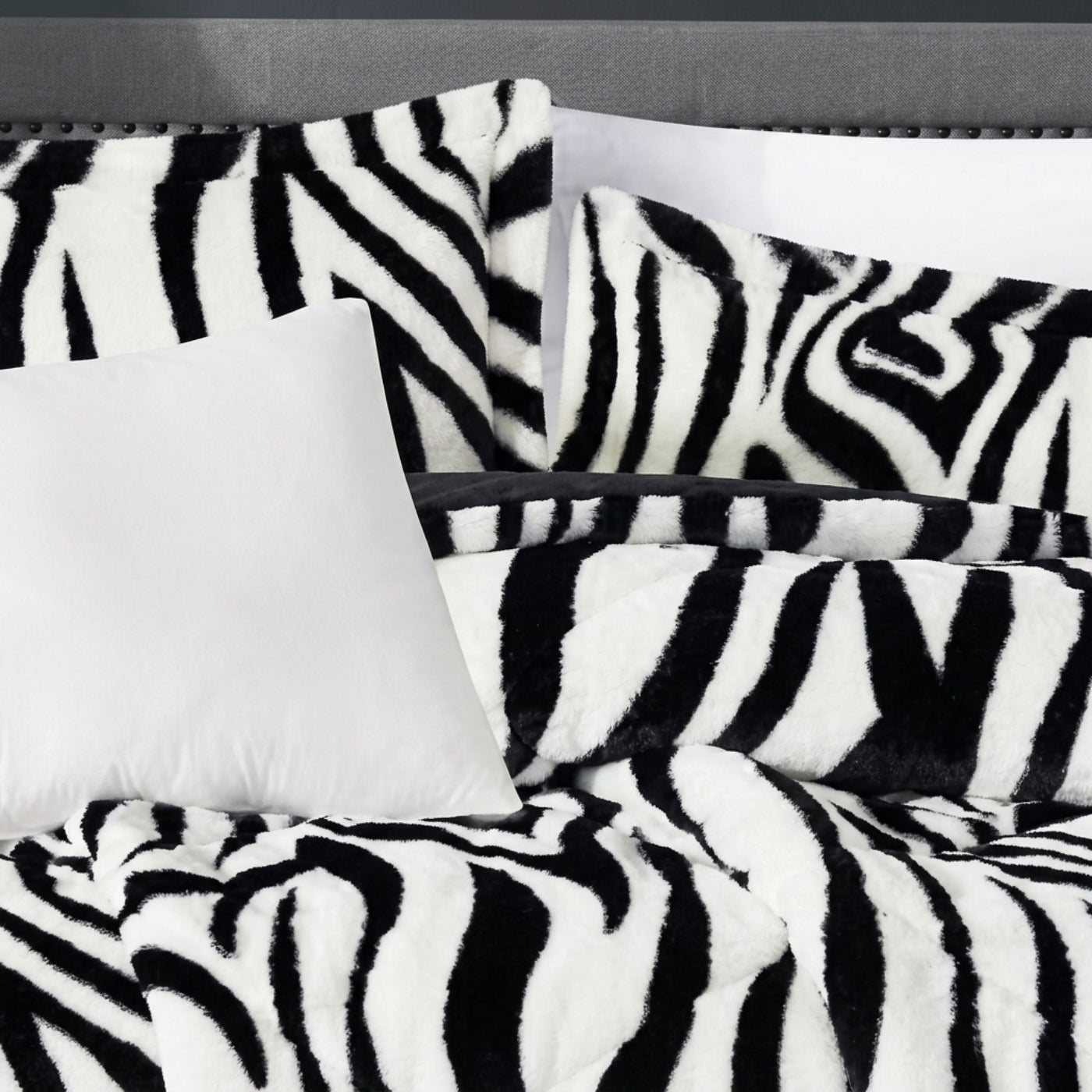 3 piece zebra pattern faux fur comforter set, view 3