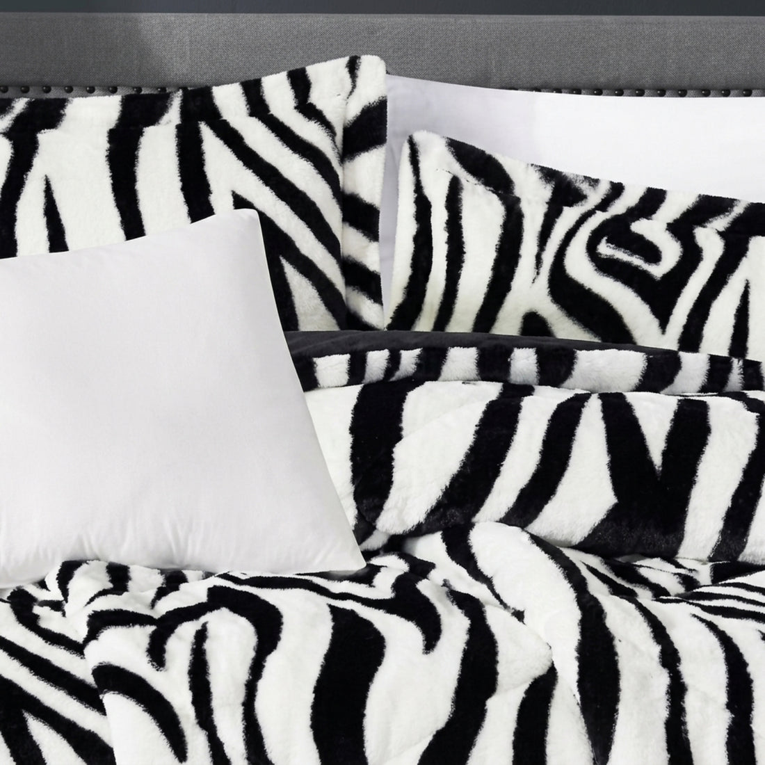 3 piece zebra pattern faux fur comforter set, view 3