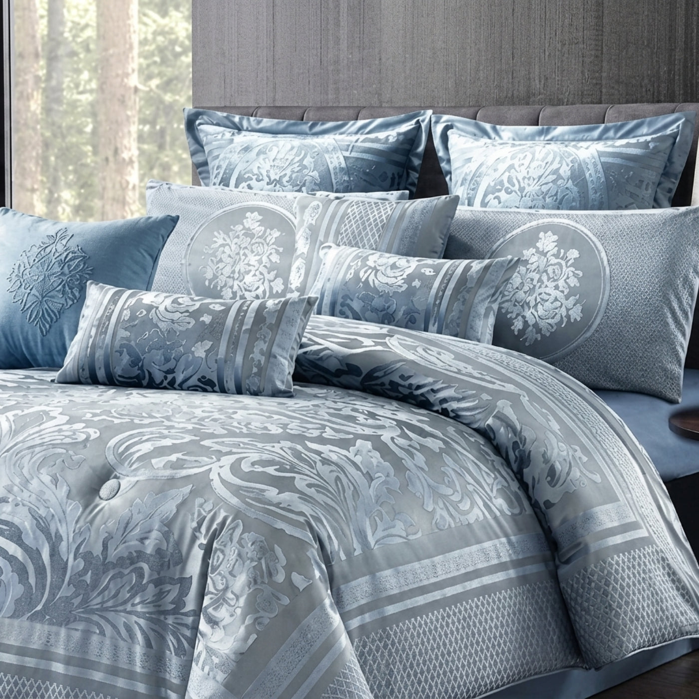 10 Piece Luxury Bedding Gift Set - Teal Blue Damask