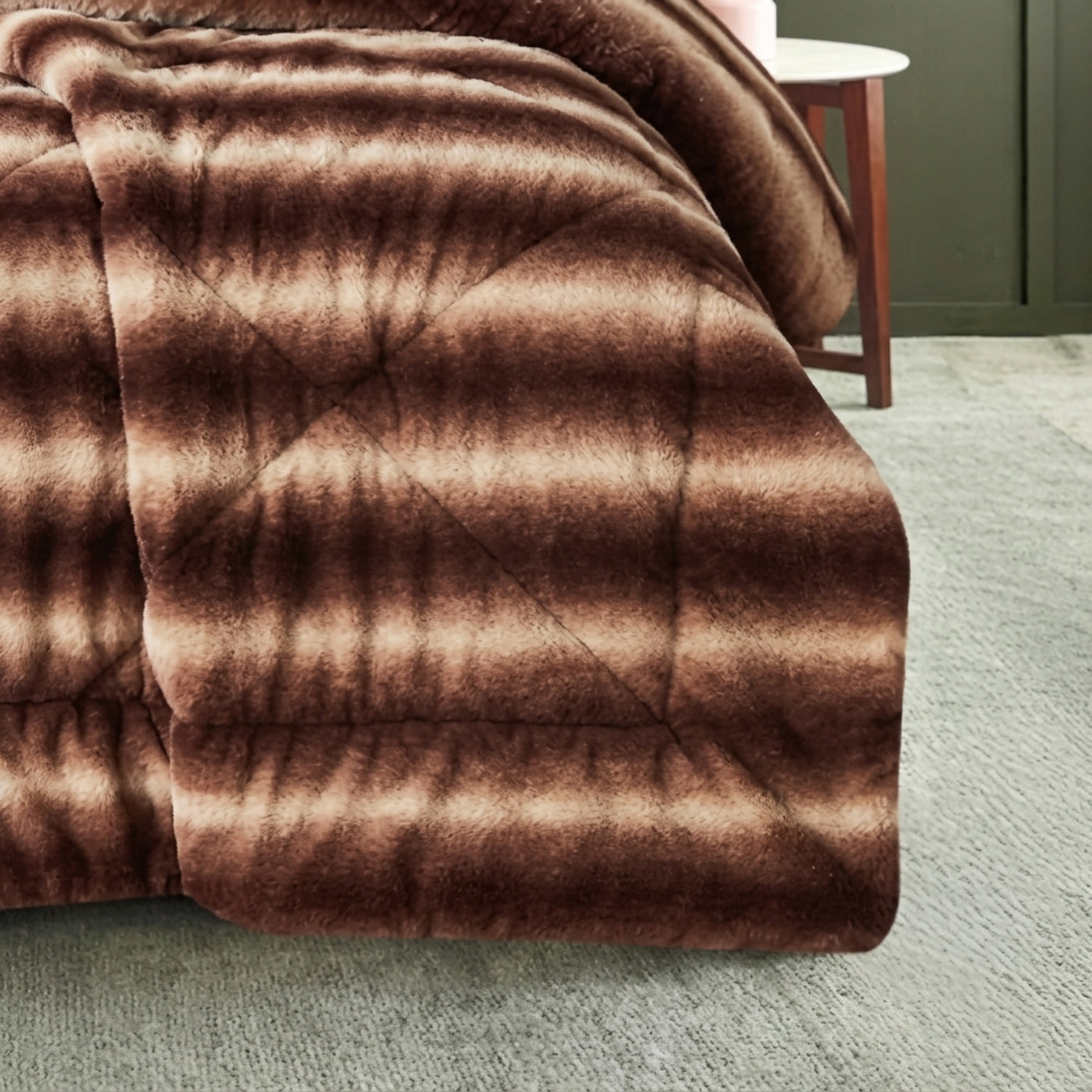 3 Piece Faux Fur Comforter Set - Brown Stripe