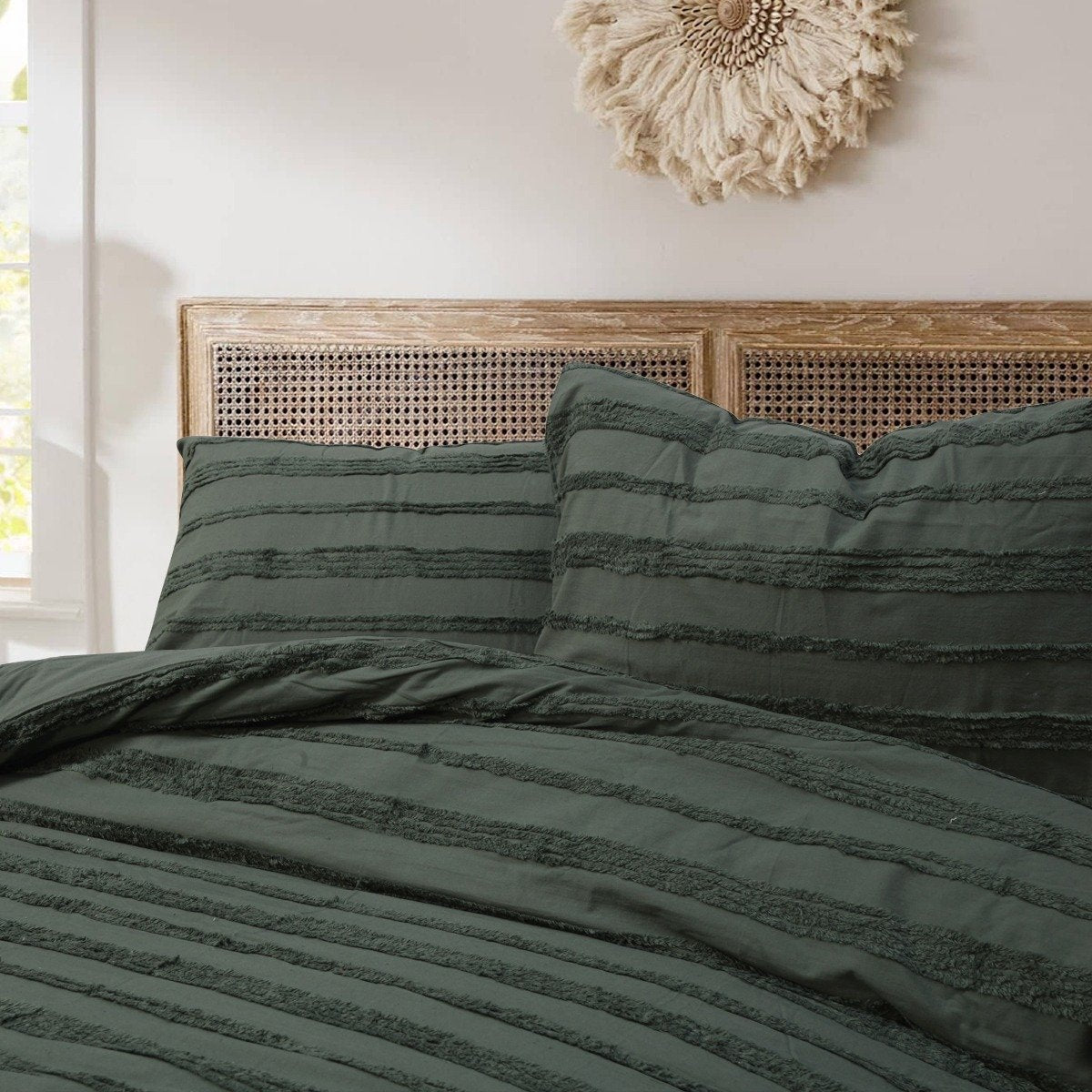 Textured olive green quilt cover with matching pillowcases.