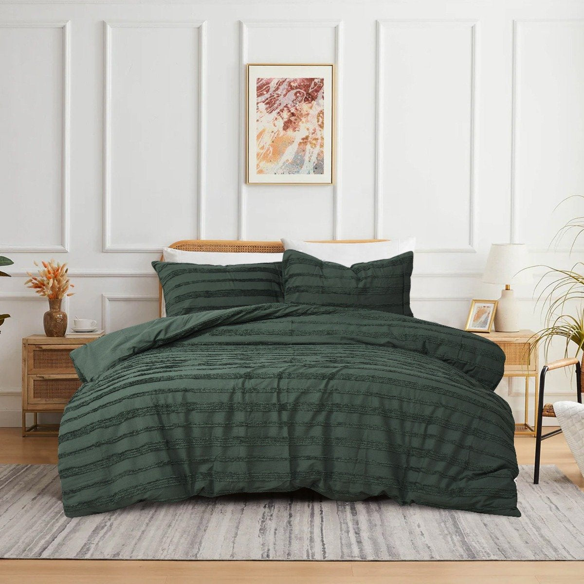 Olive green 3-piece tufted quilt cover set on a modern bed.