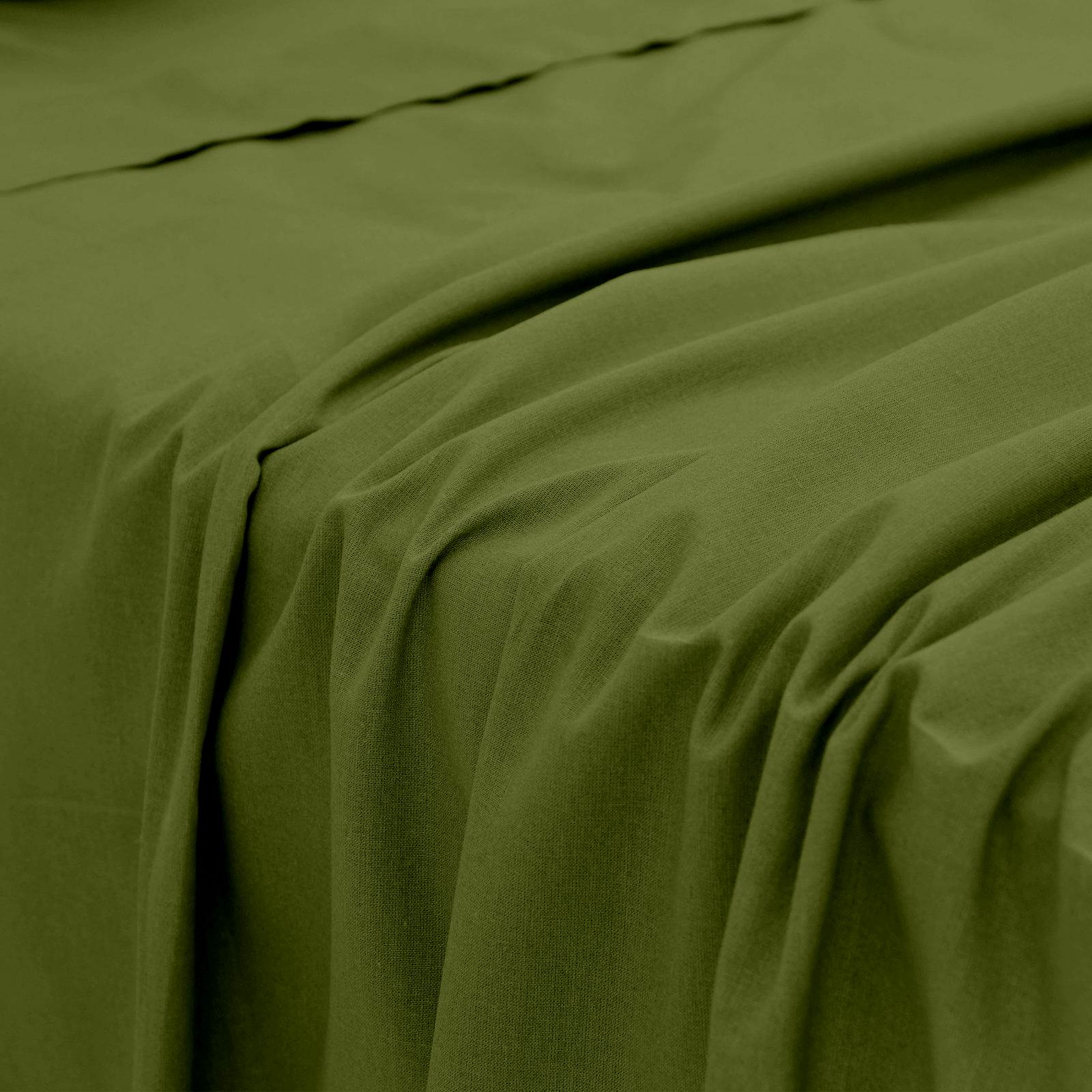 Close-up perspective of the smooth, fluid fabric folds and texture of an olive green bamboo bed sheet